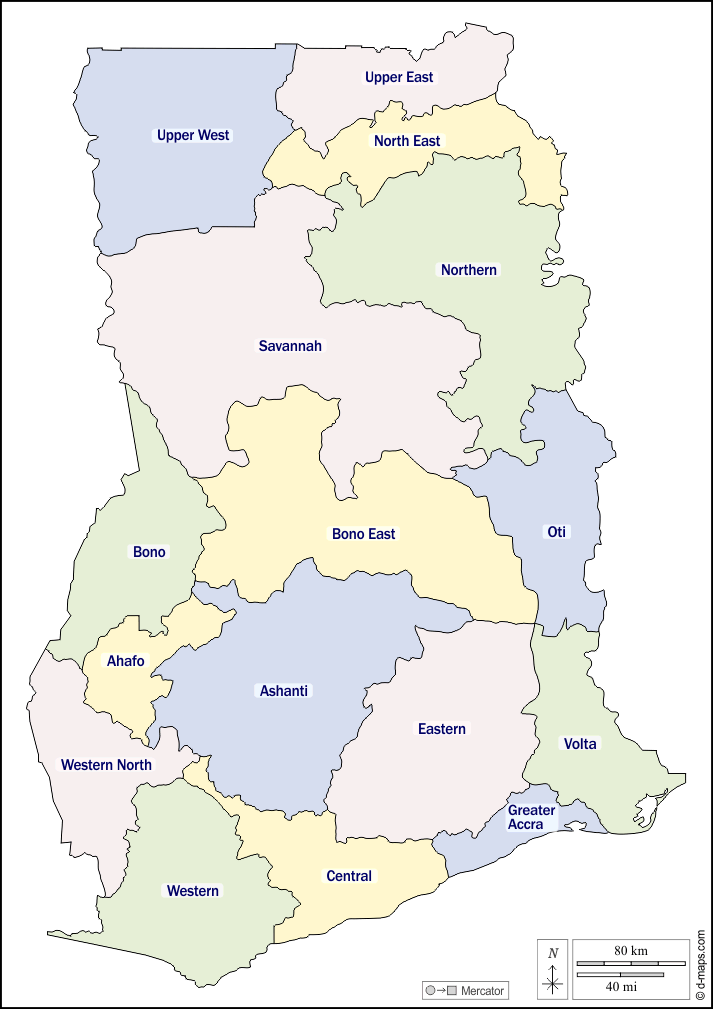 Ghana : d-maps.com: Kostenlose Karten, kostenlose stumme Karte, kostenlose unausgefüllt Landkarte, kostenlose hochauflösende Umrisskarte : Umrisse, Regionen, Namen, Farbe, weiß