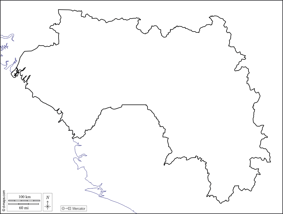 Guinea : d-maps.com: mappa gratuita, mappa muta gratuita, cartina muta gratuita : litorali, limiti, bianco
