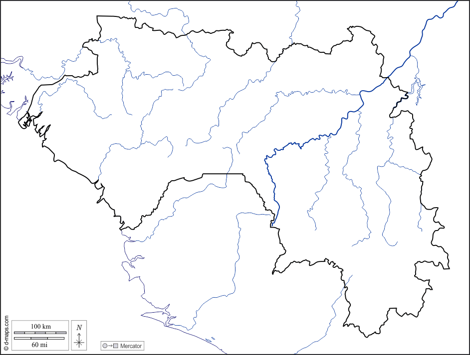 Guinea : d-maps.com: mappa gratuita, mappa muta gratuita, cartina muta gratuita : litorali, limiti, idrografia, bianco