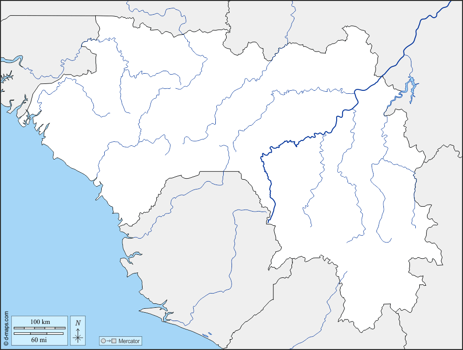 Guinea : d-maps.com: mappa gratuita, mappa muta gratuita, cartina muta gratuita : frontiere, idrografia