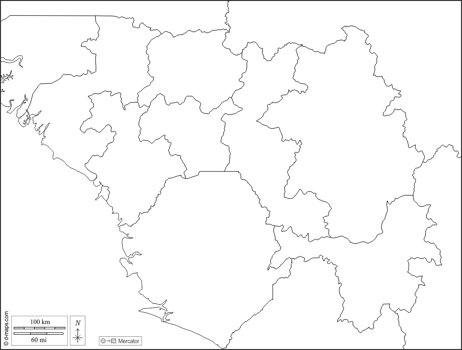 Guinea : d-maps.com: mappa gratuita, mappa muta gratuita, cartina muta gratuita : frontiere, cantoni, bianco