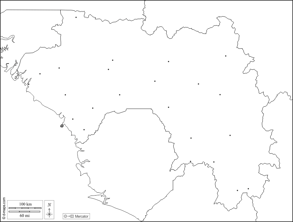 Guinea : d-maps.com: mappa gratuita, mappa muta gratuita, cartina muta gratuita : frontiere, principali città, bianco
