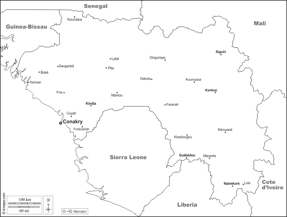 Guinea : d-maps.com: mappa gratuita, mappa muta gratuita, cartina muta gratuita : frontiere, principali città, nomi, bianco