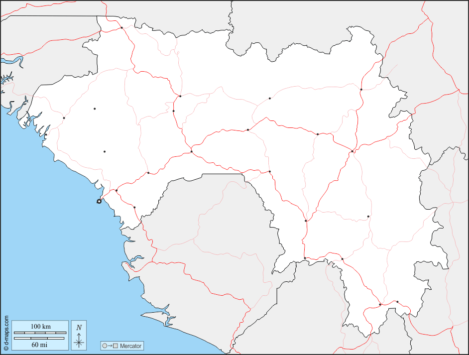 Guinea : d-maps.com: mappa gratuita, mappa muta gratuita, cartina muta gratuita : frontiere, principali città, strade