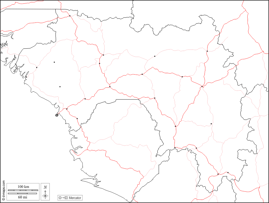 Guinea : d-maps.com: mappa gratuita, mappa muta gratuita, cartina muta gratuita : frontiere, principali città, strade, bianco