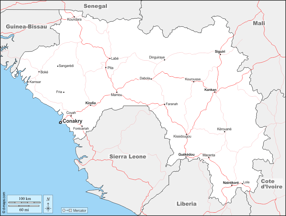 Guinea : d-maps.com: mappa gratuita, mappa muta gratuita, cartina muta gratuita : frontiere, principali città, strade, nomi