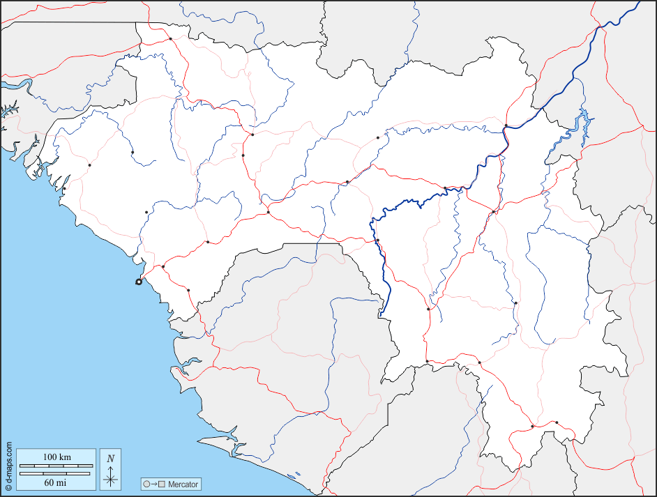 Guinea : d-maps.com: Kostenlose Karten, kostenlose stumme Karte, kostenlose unausgefüllt Landkarte, kostenlose hochauflösende Umrisskarte : Grenzen, Hydrografie, Wichtige Städte, Straßen