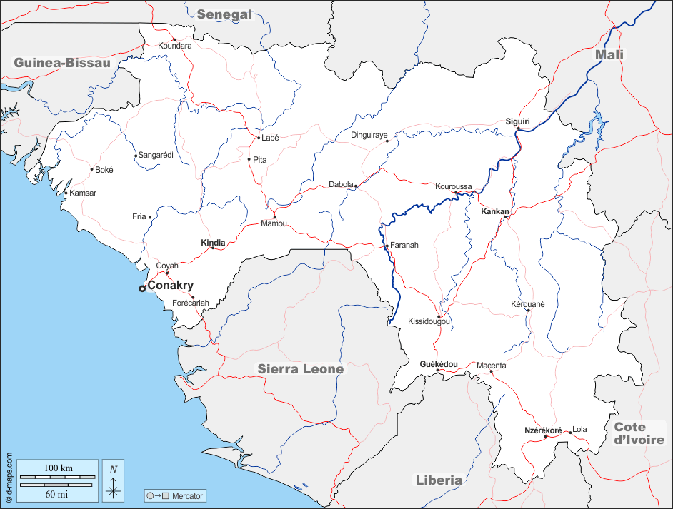 Guinea : d-maps.com: mappa gratuita, mappa muta gratuita, cartina muta gratuita : frontiere, idrografia, principali città, strade, nomi