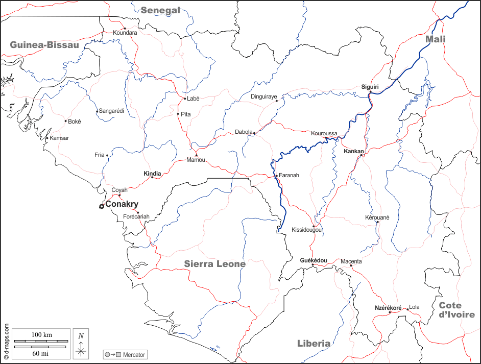 Guinea : d-maps.com: Kostenlose Karten, kostenlose stumme Karte, kostenlose unausgefüllt Landkarte, kostenlose hochauflösende Umrisskarte : Grenzen, Hydrografie, Wichtige Städte, Straßen, Namen, weiß