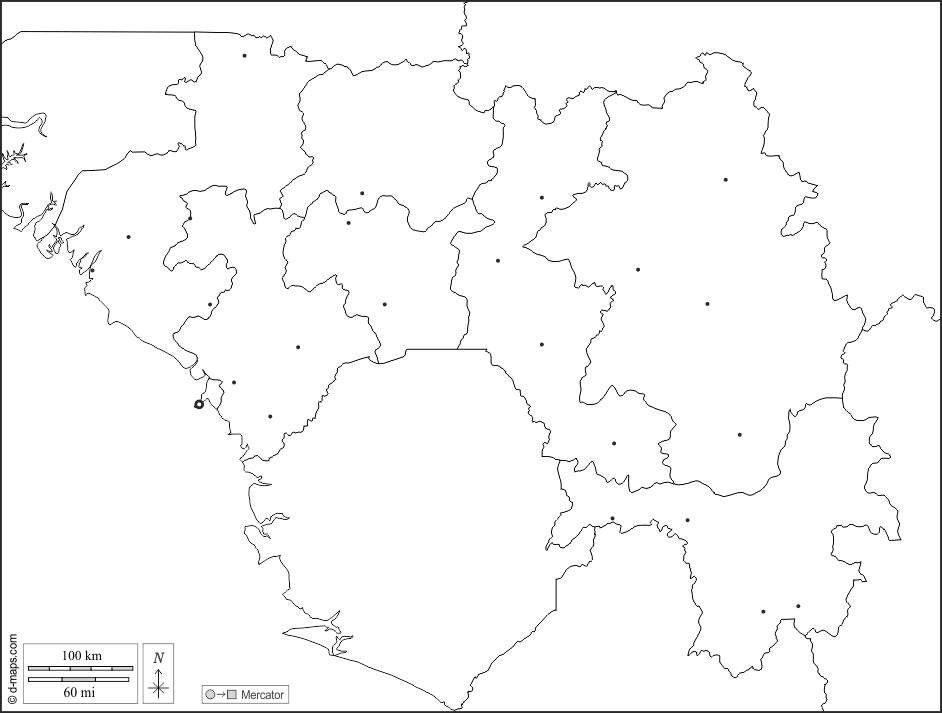 Guinea : d-maps.com: Kostenlose Karten, kostenlose stumme Karte, kostenlose unausgefüllt Landkarte, kostenlose hochauflösende Umrisskarte : Grenzen, Kantone, Wichtige Städte, weiß