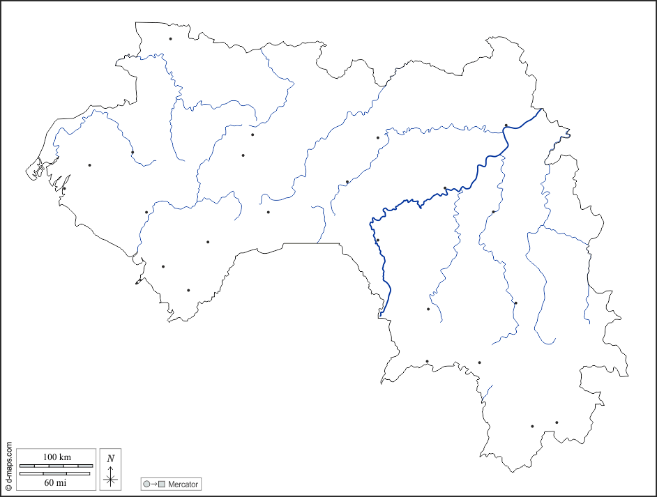 Guinea : d-maps.com: Kostenlose Karten, kostenlose stumme Karte, kostenlose unausgefüllt Landkarte, kostenlose hochauflösende Umrisskarte : Umrisse, Hydrografie, Wichtige Städte, weiß
