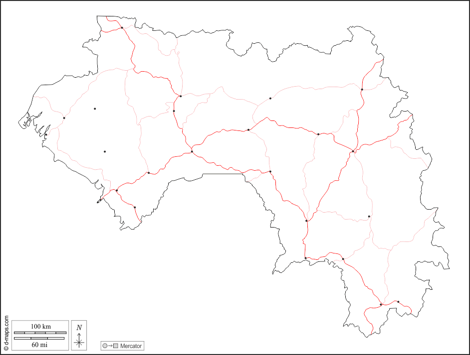Guinea : d-maps.com: mappa gratuita, mappa muta gratuita, cartina muta gratuita : contorni, principali città, strade, bianco