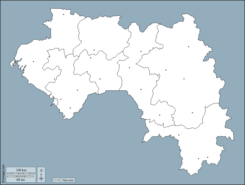 Guinea : d-maps.com: mappa gratuita, mappa muta gratuita, cartina muta gratuita : contorni, cantoni, principali città