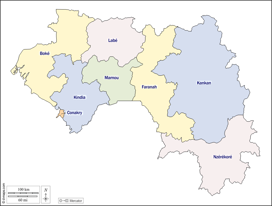 Guinea : d-maps.com: mappa gratuita, mappa muta gratuita, cartina muta gratuita : contorni, cantoni, nomi, colore, bianco