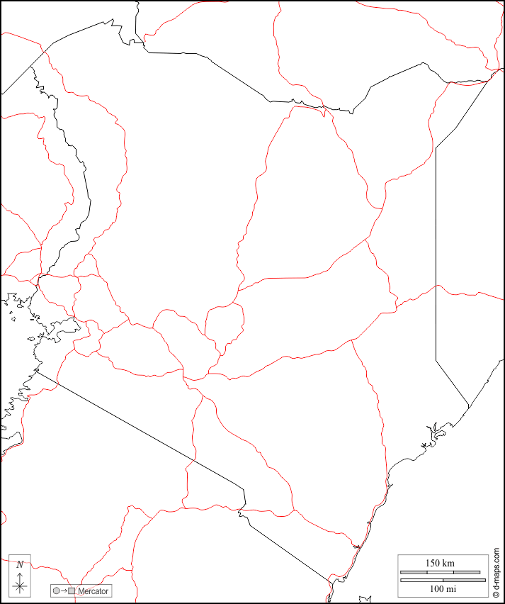 肯尼亚 : d-maps.com: 免费地图, 免费的空白地图, 免费的轮廓地图, 免费基地地图 : 边界, 道路, 白