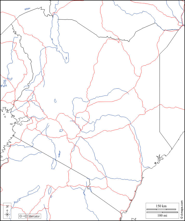 肯尼亚 : d-maps.com: 免费地图, 免费的空白地图, 免费的轮廓地图, 免费基地地图 : 边界, 水文学, 道路, 白