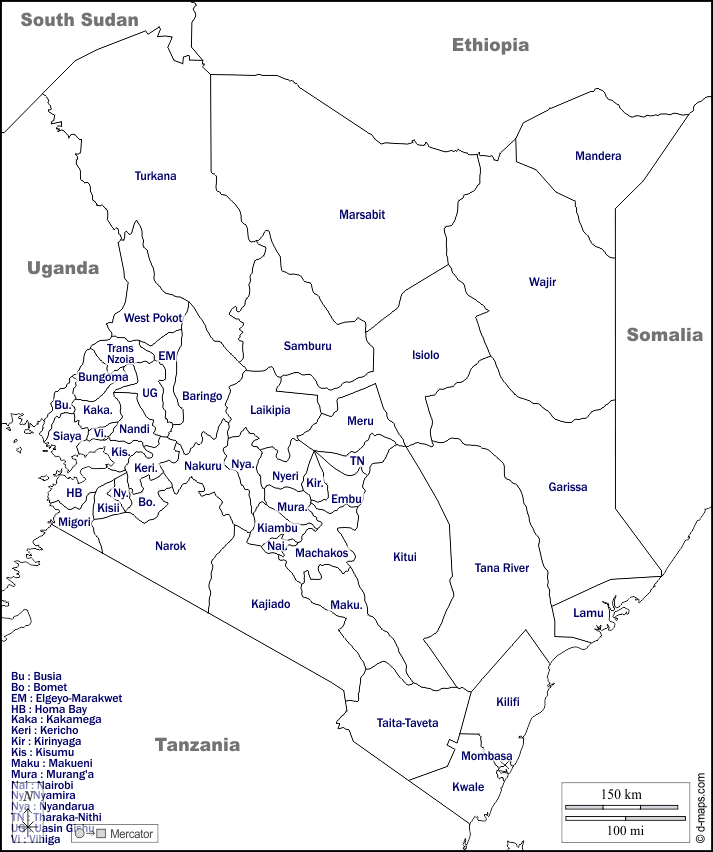 肯尼亚 : d-maps.com: 免费地图, 免费的空白地图, 免费的轮廓地图, 免费基地地图 : 边界, 县, 名称, 白