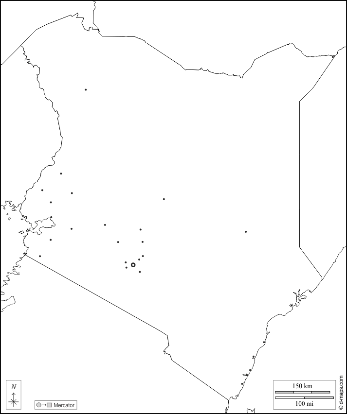 肯尼亚 : d-maps.com: 免费地图, 免费的空白地图, 免费的轮廓地图, 免费基地地图 : 边界, 主要城市, 白