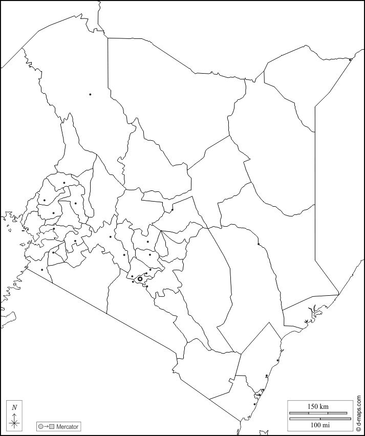 Kenya : d-maps.com: mappa gratuita, mappa muta gratuita, cartina muta gratuita : frontiere, contee, principali città, bianco