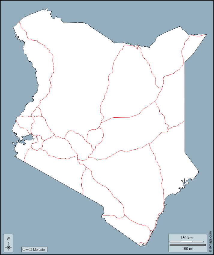 Kenia : d-maps.com: Kostenlose Karten, kostenlose stumme Karte, kostenlose unausgefüllt Landkarte, kostenlose hochauflösende Umrisskarte : Umrisse, Straßen
