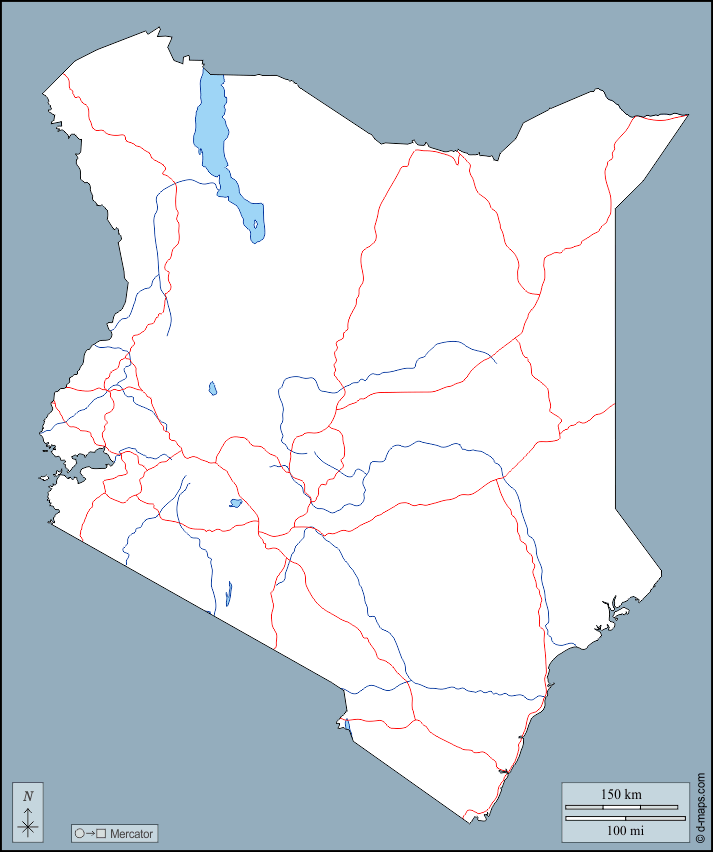 Kenia : d-maps.com: Kostenlose Karten, kostenlose stumme Karte, kostenlose unausgefüllt Landkarte, kostenlose hochauflösende Umrisskarte : Umrisse, Hydrografie, Straßen