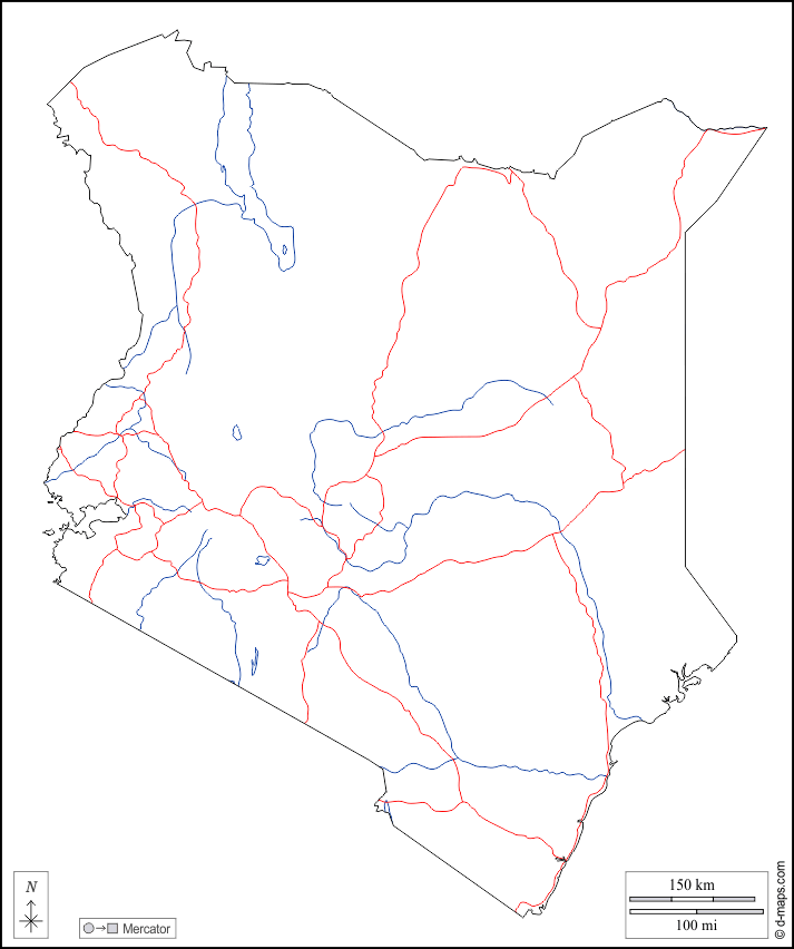 Kenia : d-maps.com: Kostenlose Karten, kostenlose stumme Karte, kostenlose unausgefüllt Landkarte, kostenlose hochauflösende Umrisskarte : Umrisse, Hydrografie, Straßen, weiß