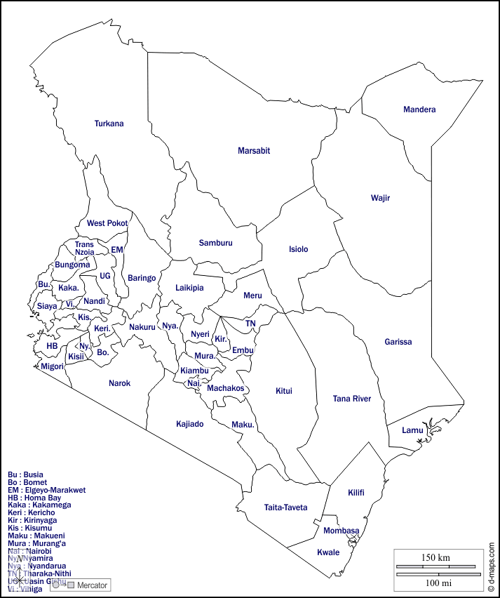 Kenya : d-maps.com: carte géographique gratuite, carte géographique muette gratuite, carte vierge gratuite, fond de carte gratuit, formats graphiques courants : contours, comtés, noms, blanc