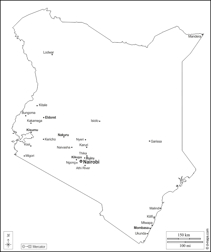 Kenia : d-maps.com: Kostenlose Karten, kostenlose stumme Karte, kostenlose unausgefüllt Landkarte, kostenlose hochauflösende Umrisskarte : Umrisse, Wichtige Städte, Namen, weiß