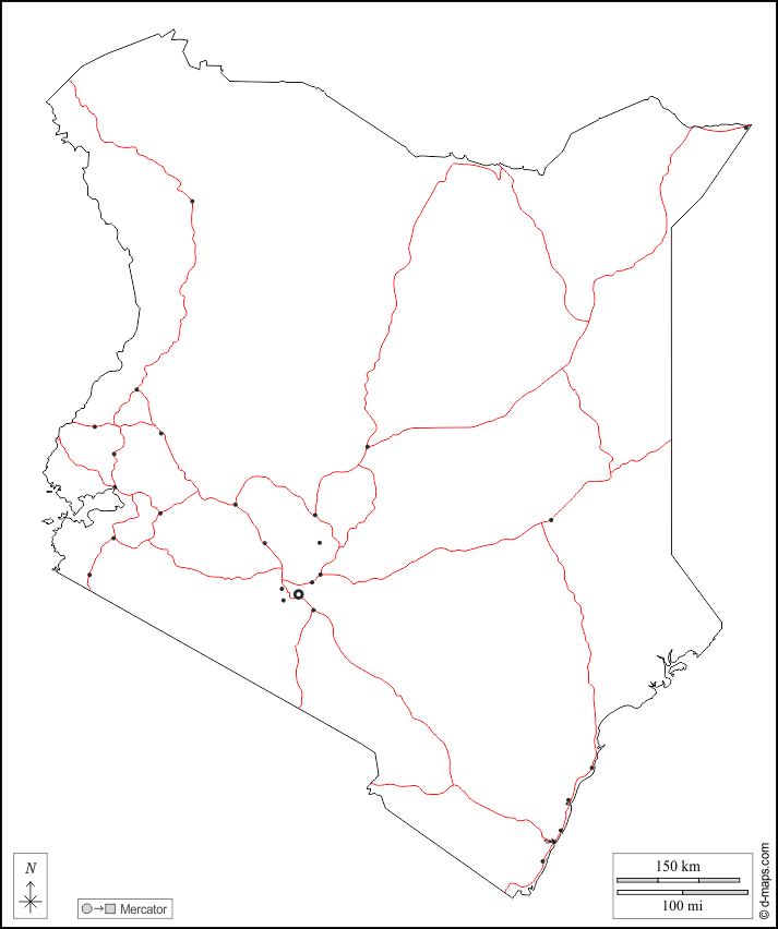 Kenya : d-maps.com: mappa gratuita, mappa muta gratuita, cartina muta gratuita : contorni, principali città, strade, bianco