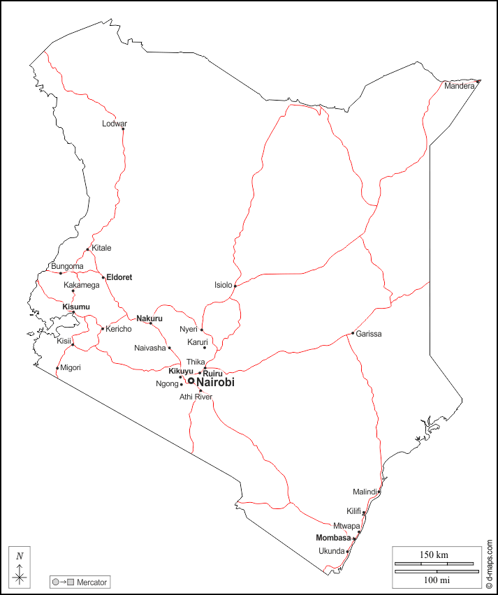 كينيا : خريطة مجانية, خريطة خاليه من الفراغ, خريطة الخطوط العريضة, خريطة القاعدة الحرة
 : الخطوط العريضة, المدن الرئيسية, الطرق, أسماء, أبيض