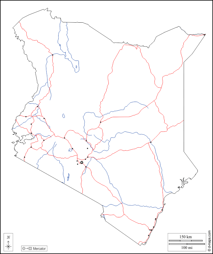 Kenya : d-maps.com: mappa gratuita, mappa muta gratuita, cartina muta gratuita : contorni, idrografia, principali città, strade, bianco