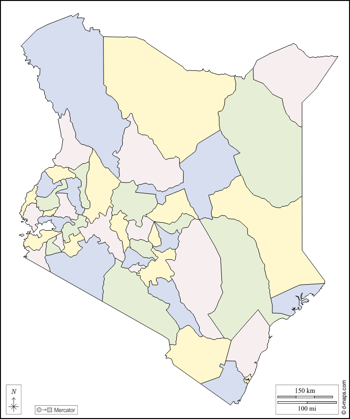 Kenya : d-maps.com: mappa gratuita, mappa muta gratuita, cartina muta gratuita : contorni, contee, colore, bianco
