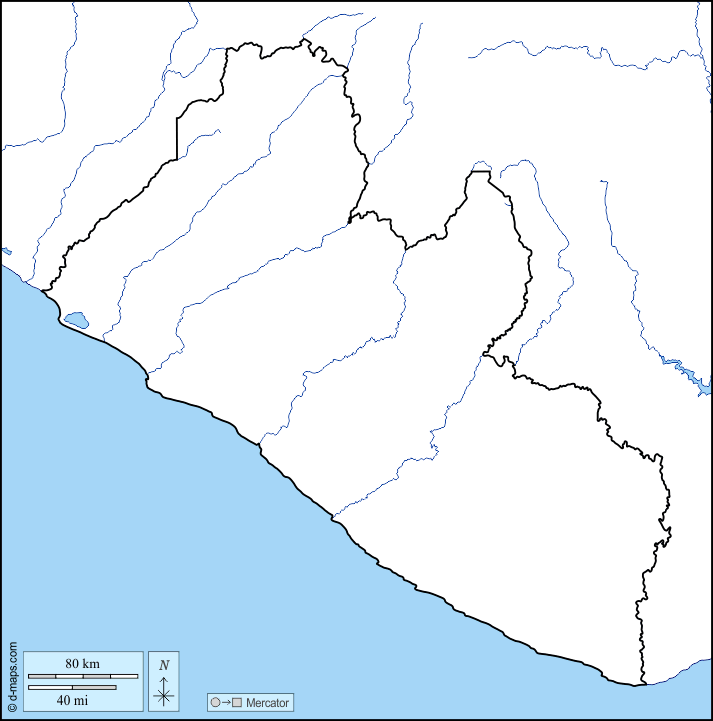 Liberia : d-maps.com: free map, free blank map, free outline map, free base map : coasts, limits, hydrography