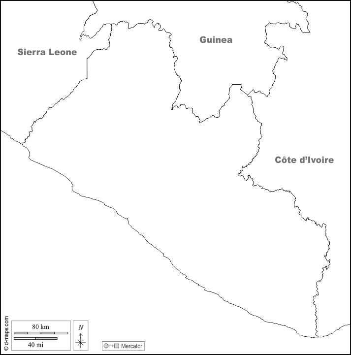 Liberia : d-maps.com: free map, free blank map, free outline map, free base map : boundaries, names, white