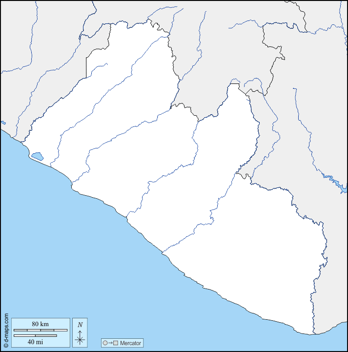 Liberia : d-maps.com: free map, free blank map, free outline map, free base map : boundaries, hydrography
