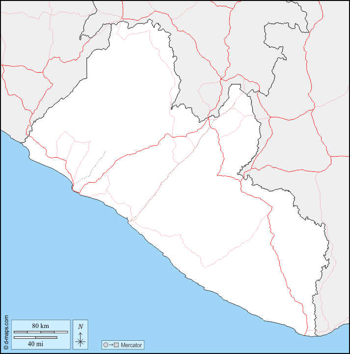 Liberia : d-maps.com: free map, free blank map, free outline map, free base map : boundaries, roads