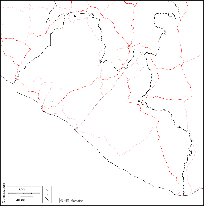 Liberia : d-maps.com: free map, free blank map, free outline map, free base map : boundaries, roads, white