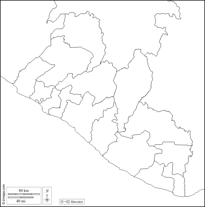 Liberia : d-maps.com: free map, free blank map, free outline map, free base map : boundaries, counties, white