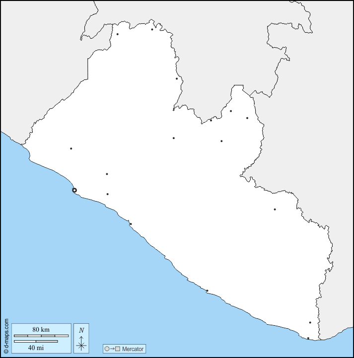 Liberia : d-maps.com: mapa gratuito, mapa mudo gratuito, mapa en blanco gratuito, plantilla de mapa : fronteras, principales ciudades