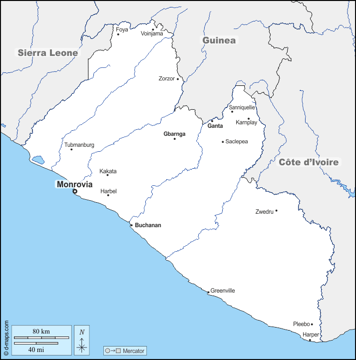Liberia : d-maps.com: mappa gratuita, mappa muta gratuita, cartina muta gratuita : frontiere, idrografia, principali città, nomi