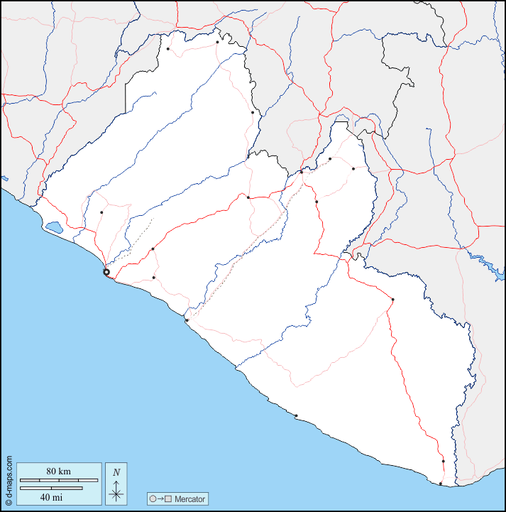 Liberia : d-maps.com: free map, free blank map, free outline map, free base map : boundaries, hydrography, main cities, roads