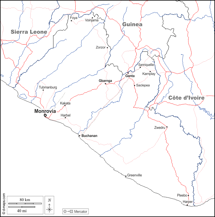 Liberia : d-maps.com: free map, free blank map, free outline map, free base map : boundaries, hydrography, main cities, roads, names, white