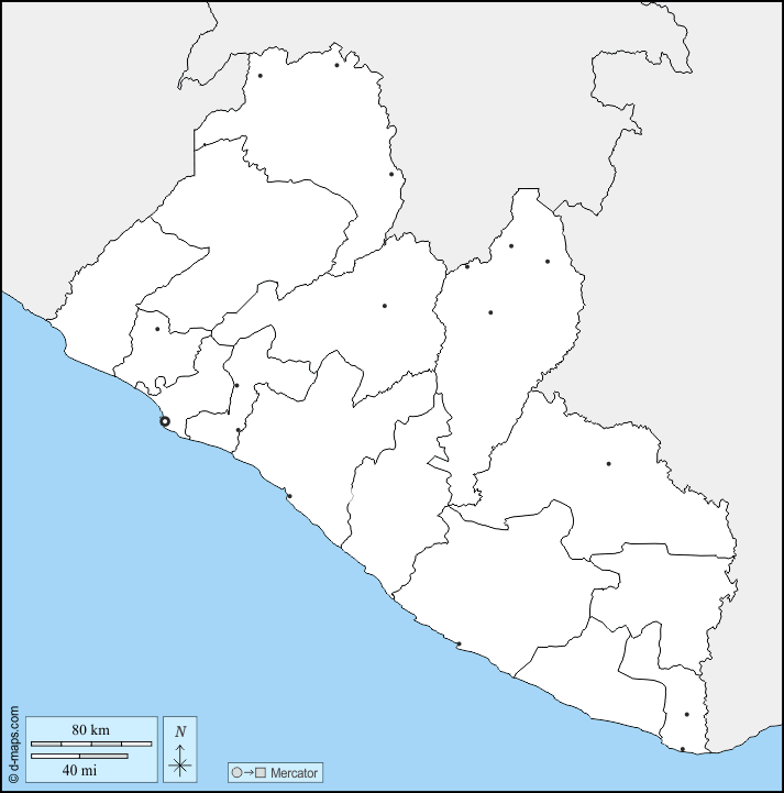 Liberia : d-maps.com: free map, free blank map, free outline map, free base map : boundaries, counties, main cities
