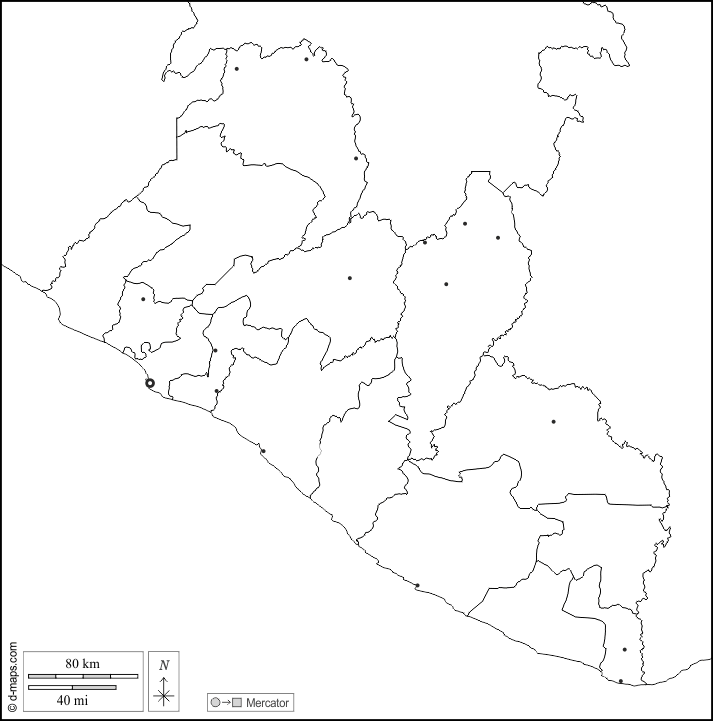 Liberia : d-maps.com: free map, free blank map, free outline map, free base map : boundaries, counties, main cities, white