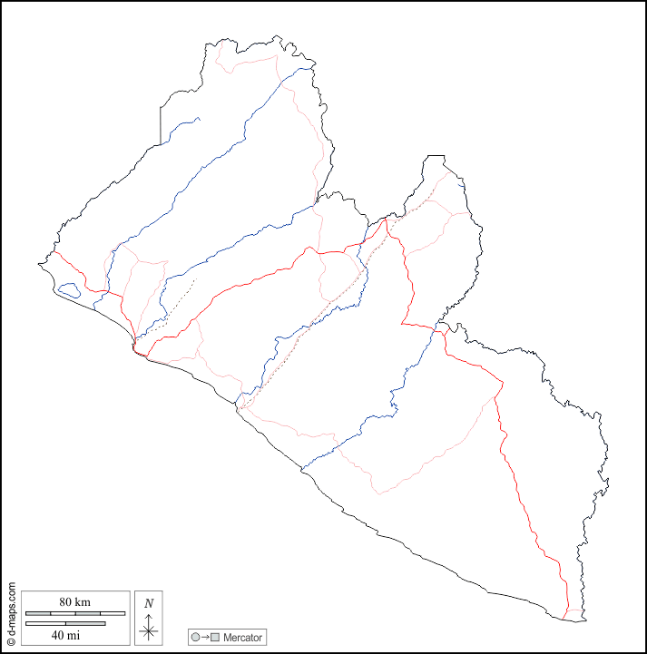 Liberia : d-maps.com: free map, free blank map, free outline map, free base map : outline, hydrography, roads, white