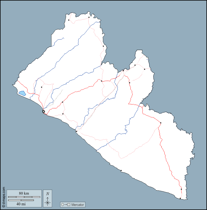 Liberia : d-maps.com: free map, free blank map, free outline map, free base map : outline, hydrography, main cities, roads