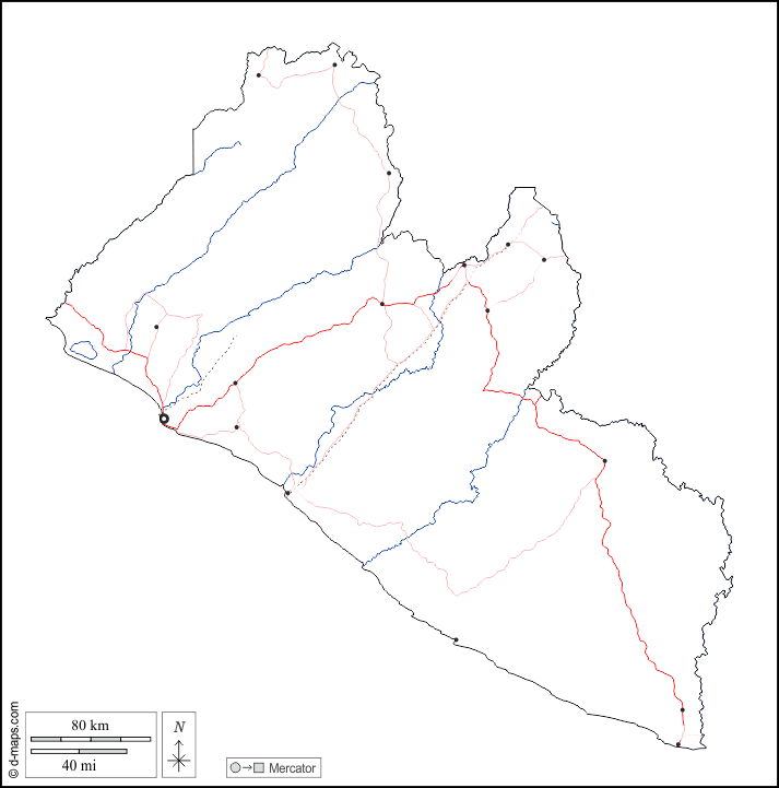 लाइबेरिया : d-maps.com: नि: शुल्क मानचित्र, नि: शुल्क रिक्त नक्शा, नि: शुल्क रूपरेखा मानचित्र, नि: शुल्क आधार मानचित्र
 : बाह्यरेखा, जल-सर्वेक्षण, मुख्य शहरों, सड़कों, सफेद