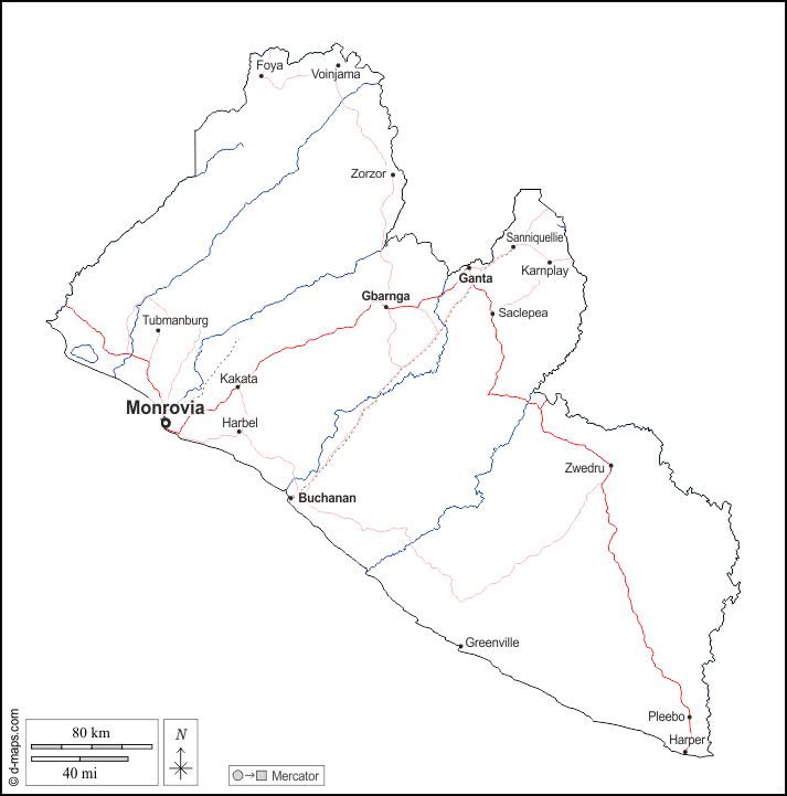 Liberia : d-maps.com: free map, free blank map, free outline map, free base map : outline, hydrography, main cities, roads, names, white