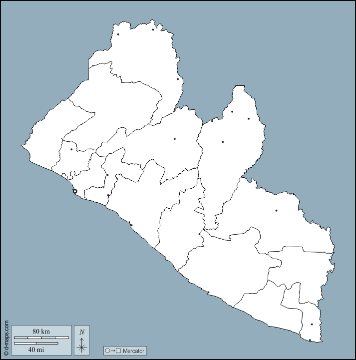 Liberia : d-maps.com: free map, free blank map, free outline map, free base map : outline, counties, main cities