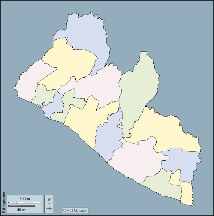 Liberia : d-maps.com: free map, free blank map, free outline map, free base map : outline, counties, color